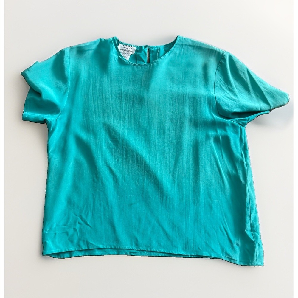Vintage CLIO Nordstrom 100% Silk Teal Blouse Top Medium Minimalist